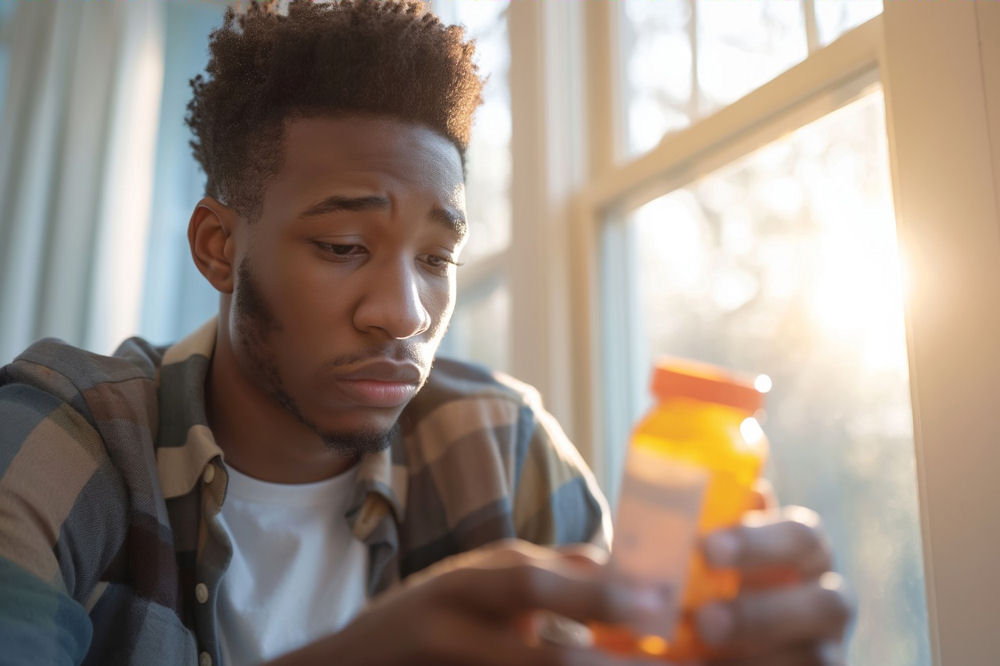 Sad man looking down at benzodiazepine bottle