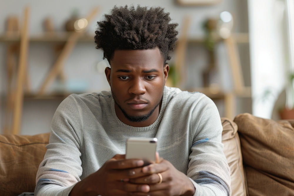 Man with depression looking down at phone in stylish apartment.