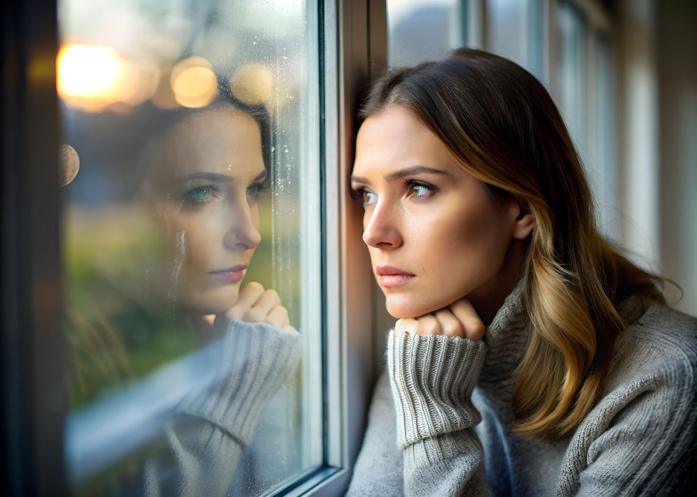 Woman wearing sweater looks out of window with anxiety.