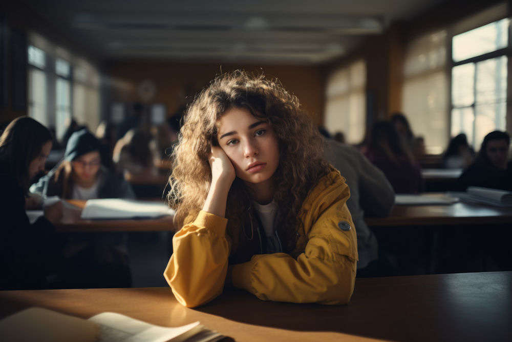 Young woman with anxiety sits alone in crowded classroom.