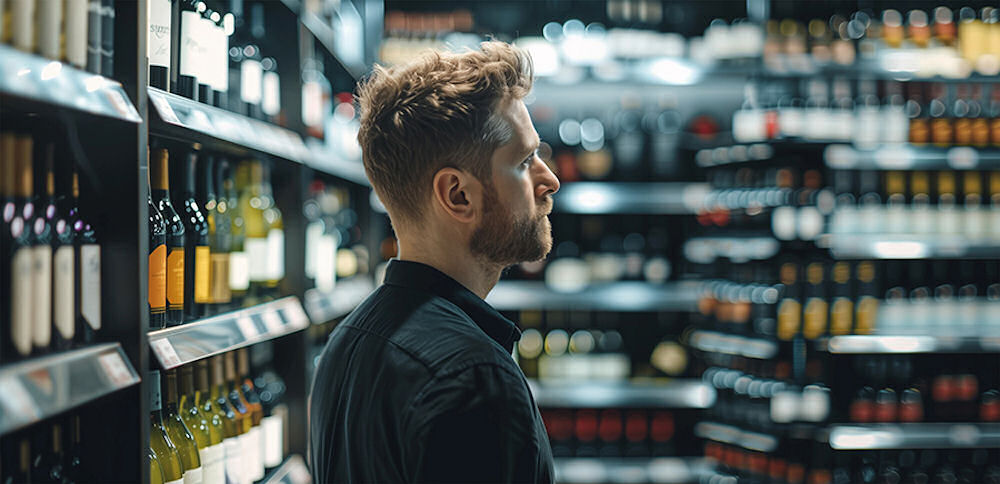 Man with anxiety walks through a liquor store deciding what to do.