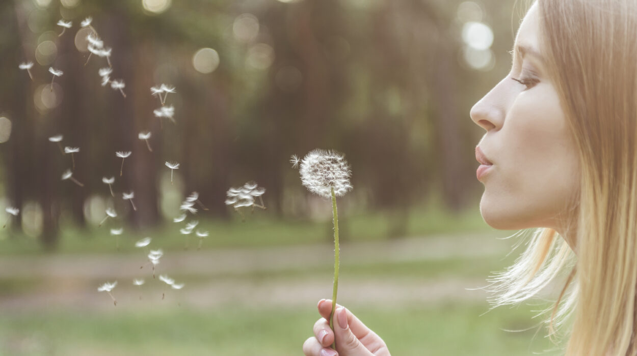 Woman with selective mutism bloeing air one a dandelion to practice calm breathing.