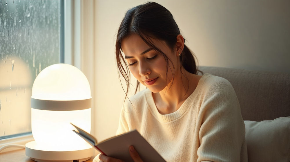 Young woman reads book to natural sun reading light.