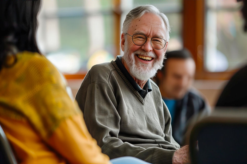 Older man with glasses and beard smiling during addiction treatment.